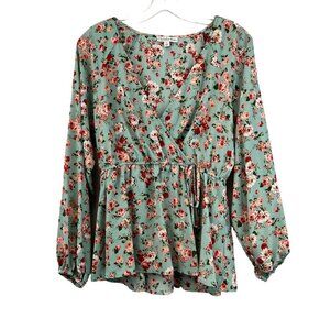 Ophelia Roe V-Neck Surplice Peplum Top Multicolor Floral Size Small Long Sleeve